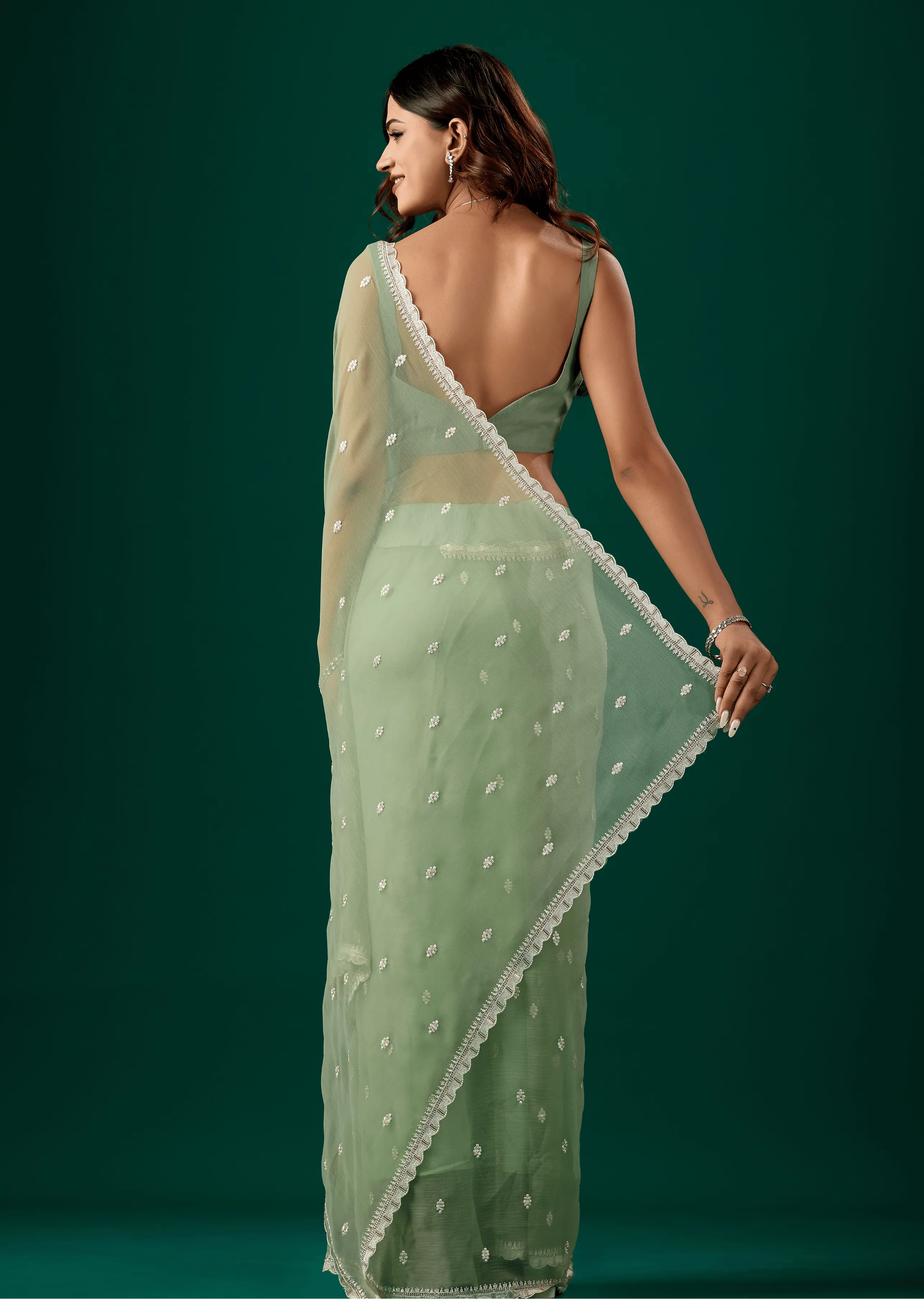 Pista Green Chiffon Saree Draped Look - Floral Embroidery Detail