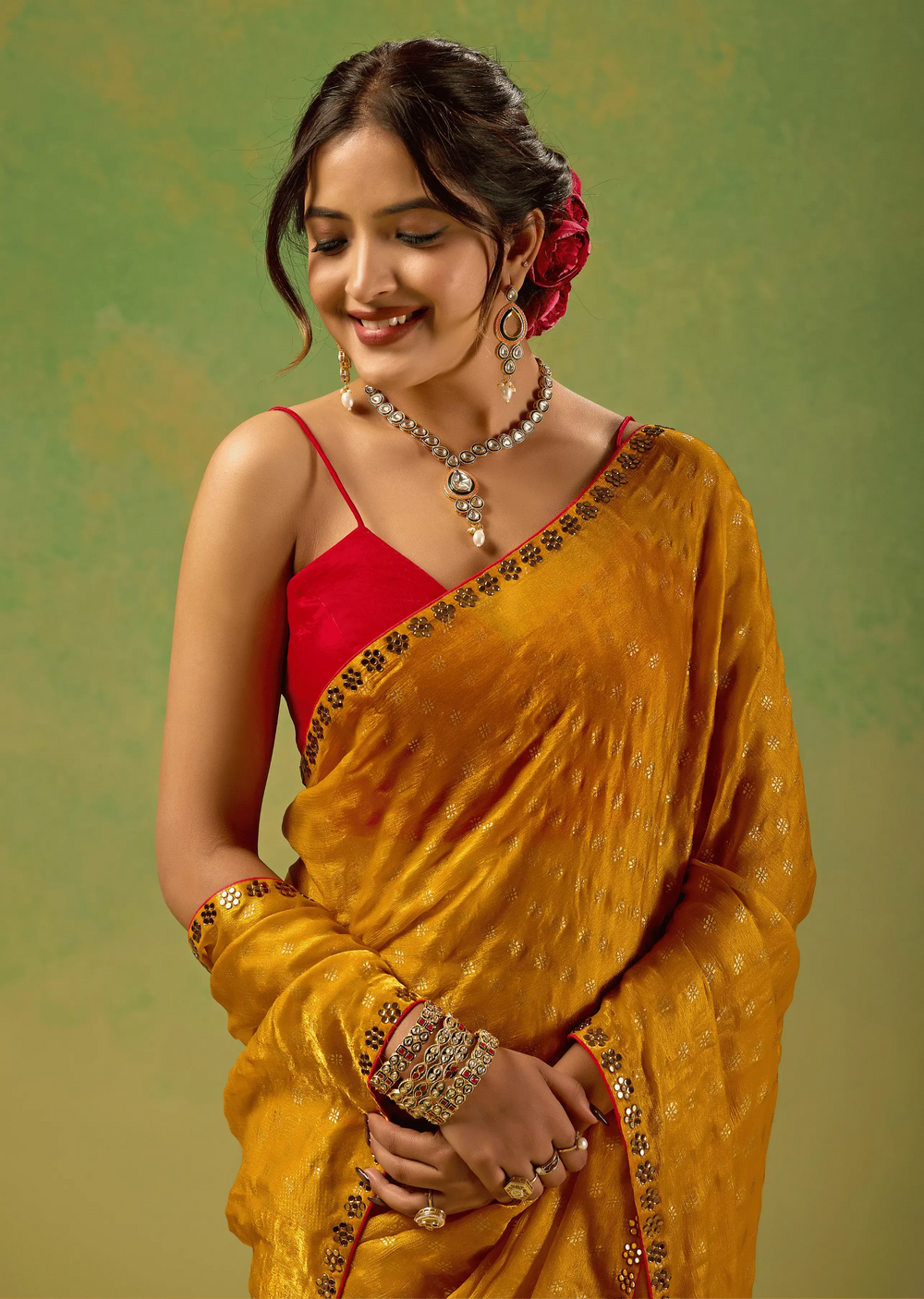 Mustard Yellow Tissue Silk Saree With Foil Butti Print - Photo 3 | Buy Online Ethnic9