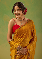 Mustard Yellow Tissue Silk Saree With Foil Butti Print - Photo 3 | Buy Online Ethnic9