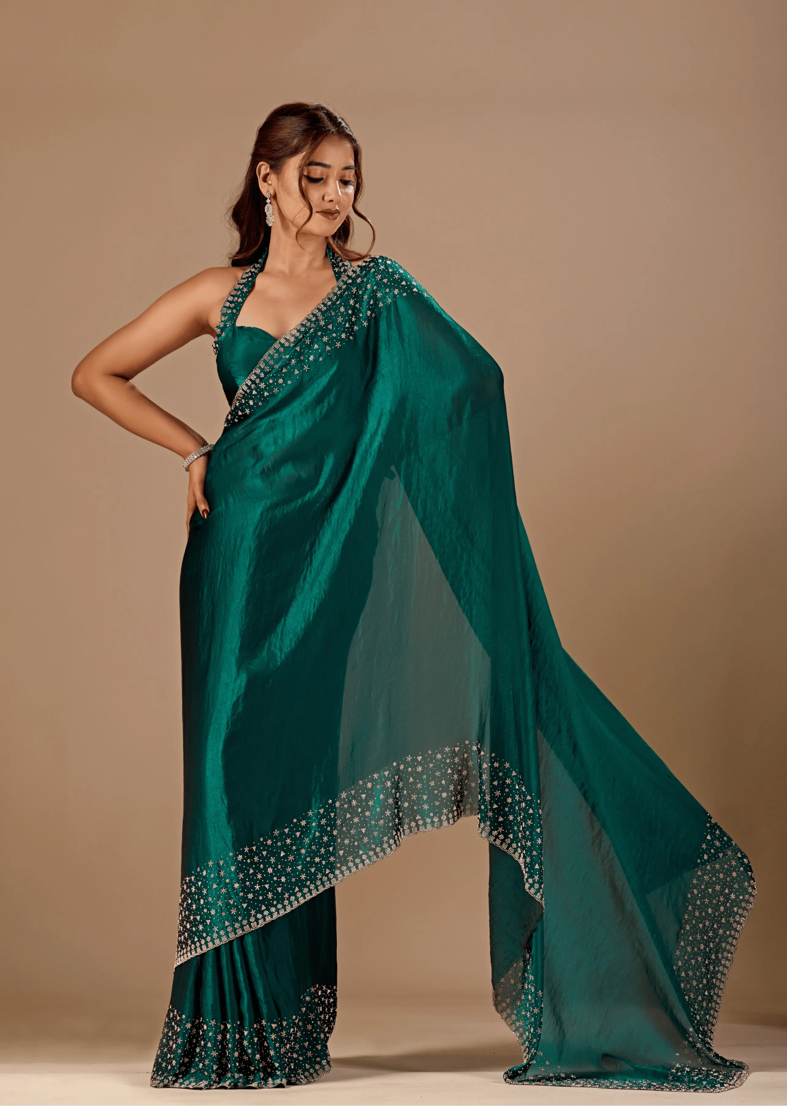  Bottle Green Tissue Silk Saree Standing Look - Party Wear Saree