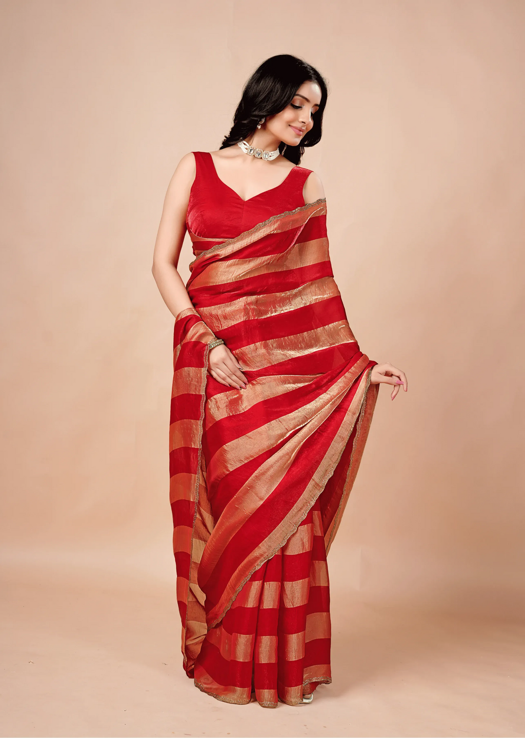 Crimson Red Tissue Silk Saree With Metallic Stripe Work