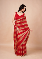 Crimson Red Tissue Silk Saree With Metallic Stripe Work