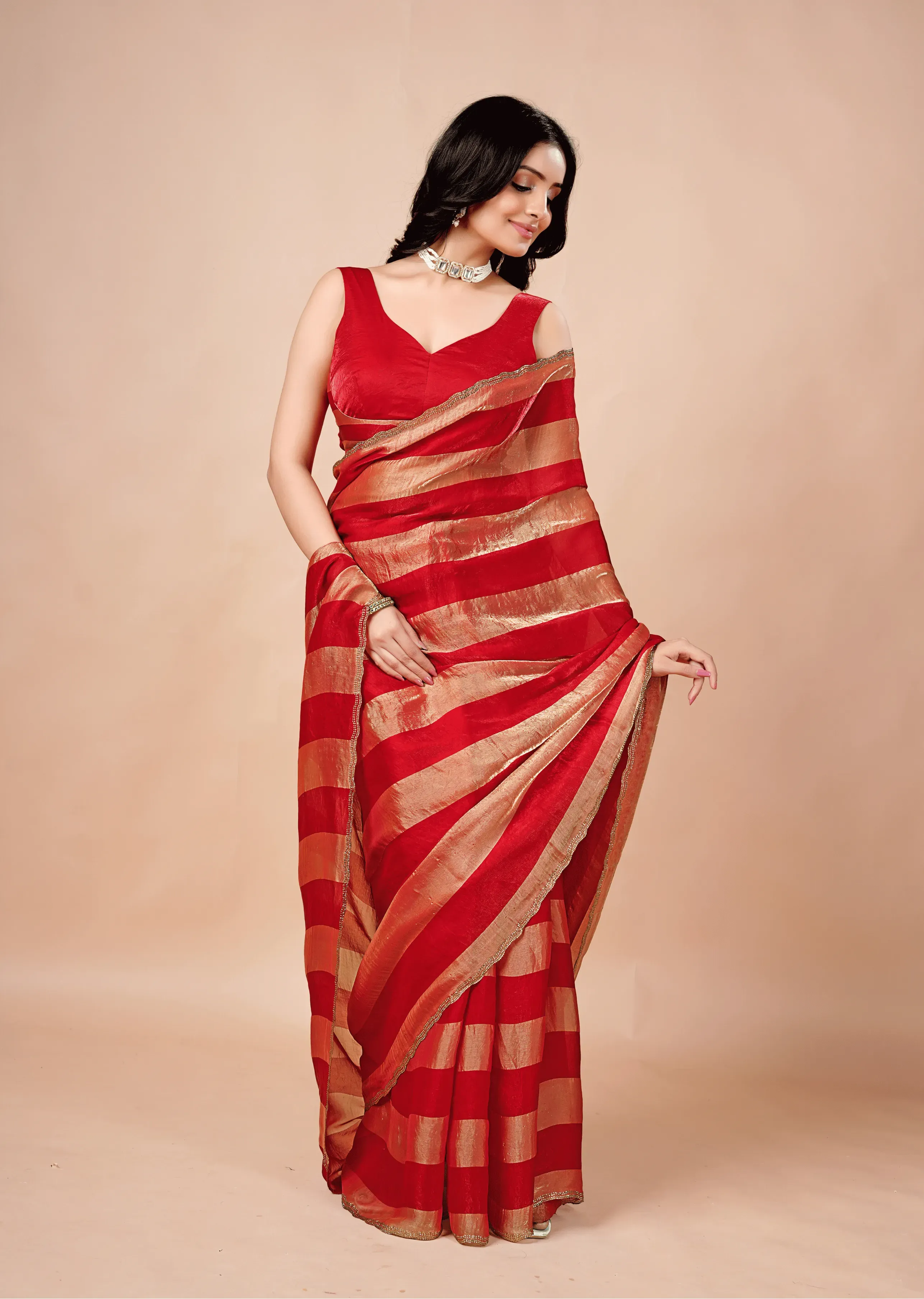Crimson Red Tissue Silk Saree With Metallic Stripe Work