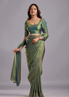 Olive Green Tissue Silk Saree With Crystal Spiral Work - Front Look | Buy Online Ethnic9