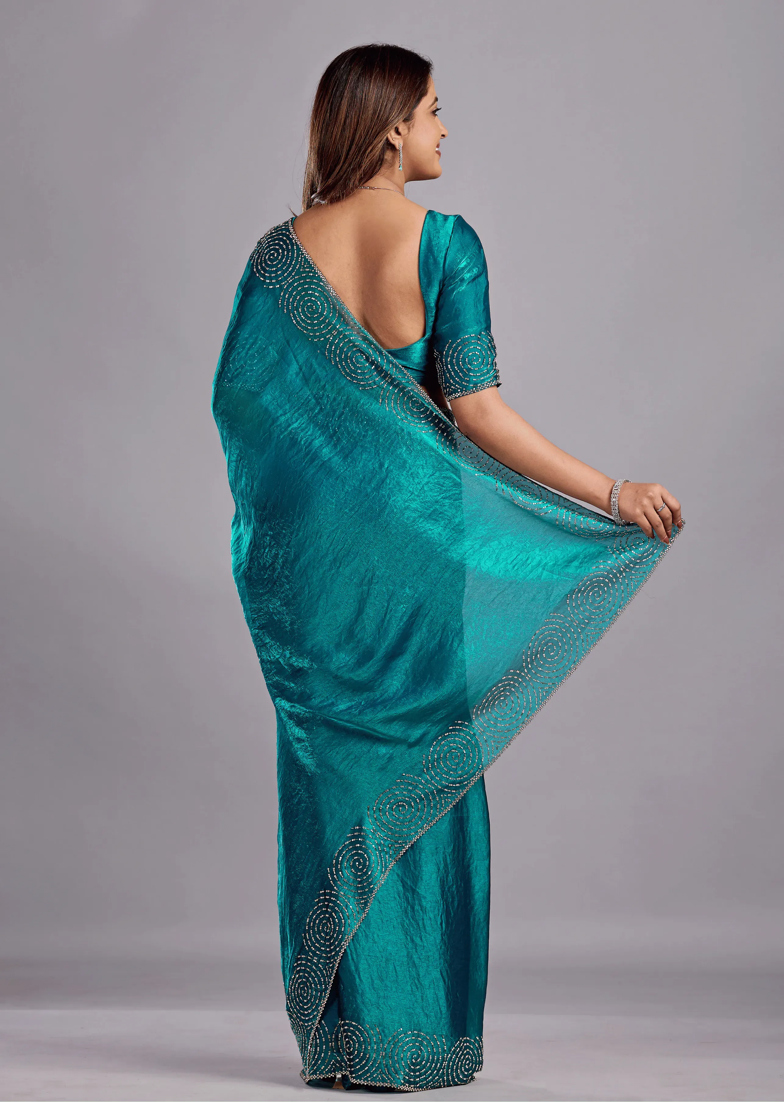 Peacock Teal Tissue Silk Saree With Crystal Spiral Work