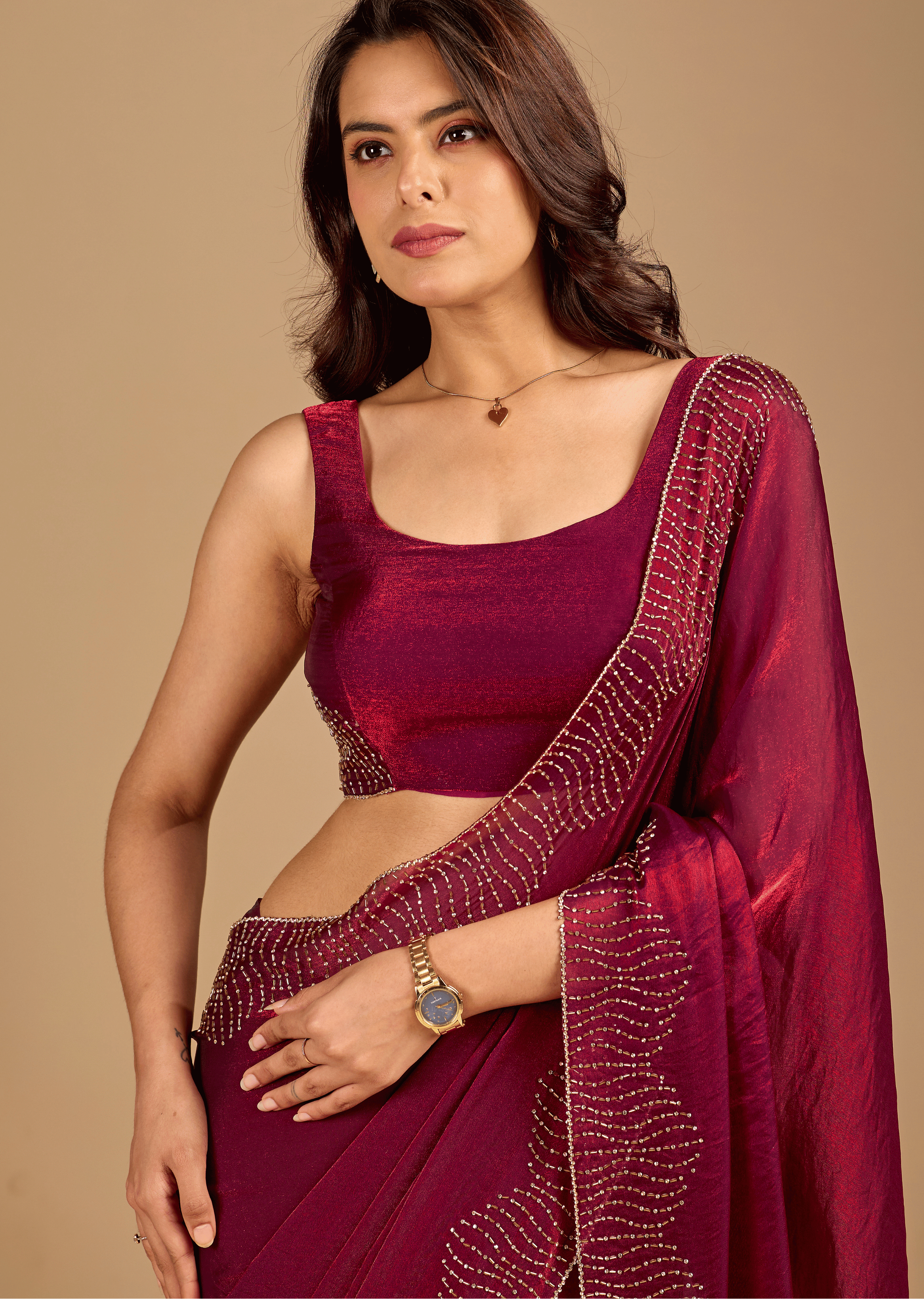Wine Tissue Silk Saree With Stone Work