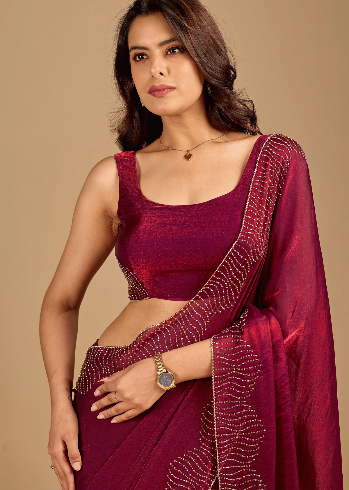 Wine Tissue Silk Saree Standing Look - Party Wear Saree
