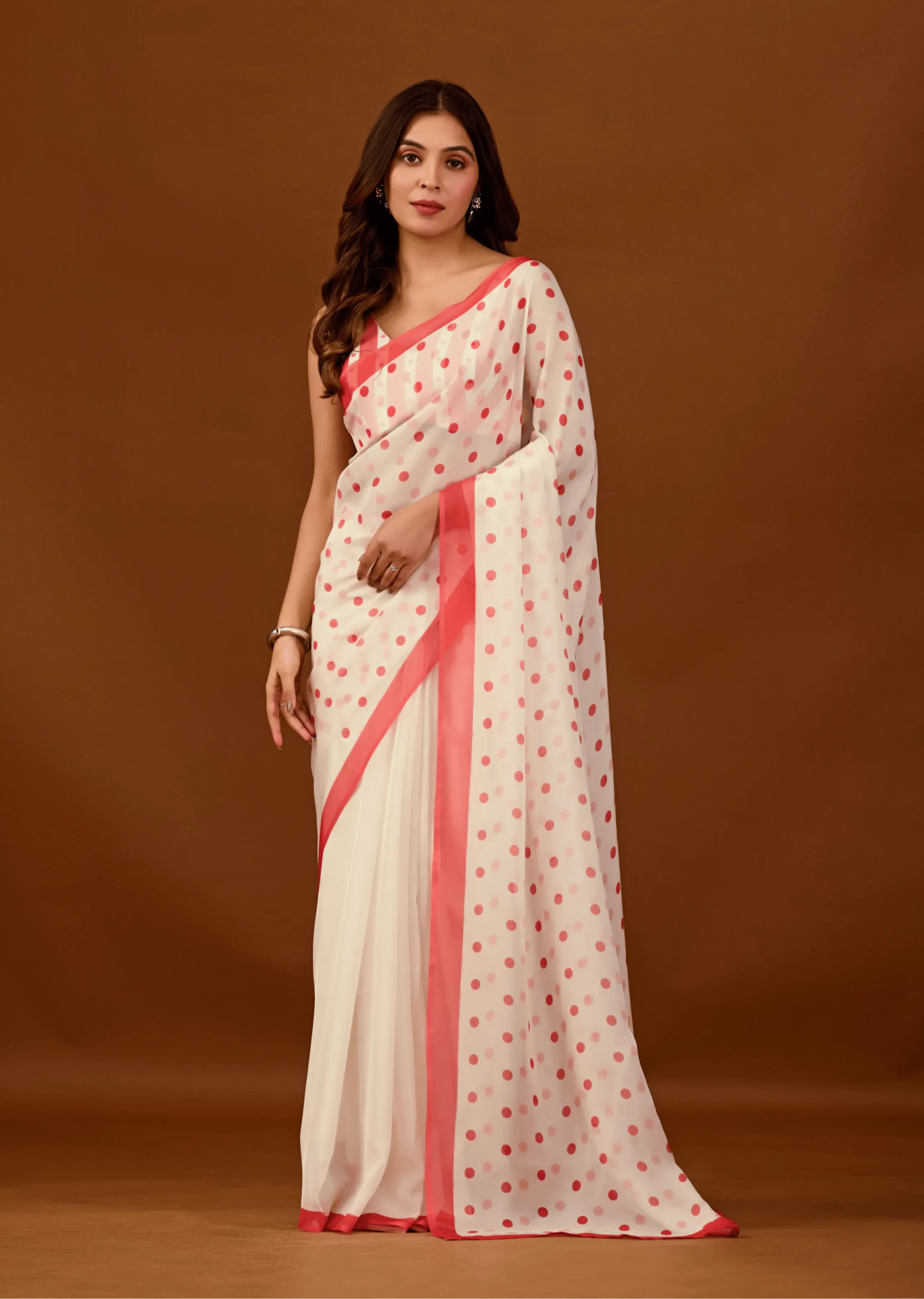 White Soft Organza Saree With Polka Dot Print