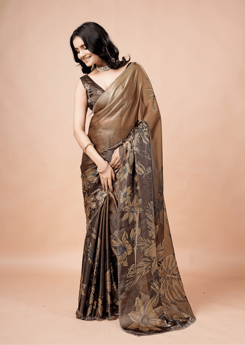 Coffee Brown Organza Silk Saree With Oversized Floral Print