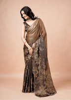 Coffee Brown Organza Silk Saree With Oversized Floral Print
