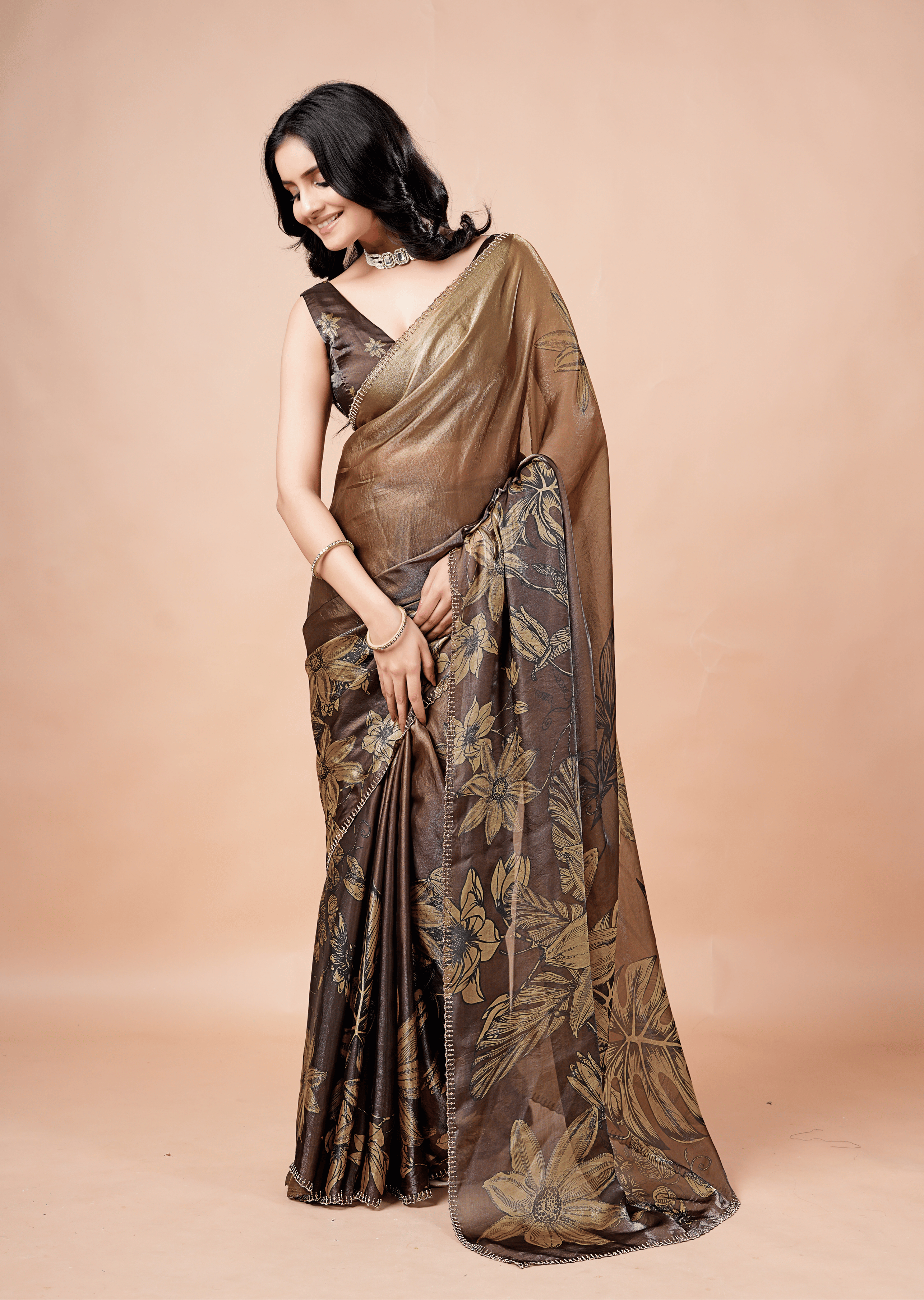 Coffee Brown Organza Silk Saree With Oversized Floral Print