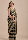 Olive Green Tissue Silk Saree With Metallic Stripe Weave