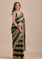 Olive Green Tissue Silk Saree With Metallic Stripe Weave
