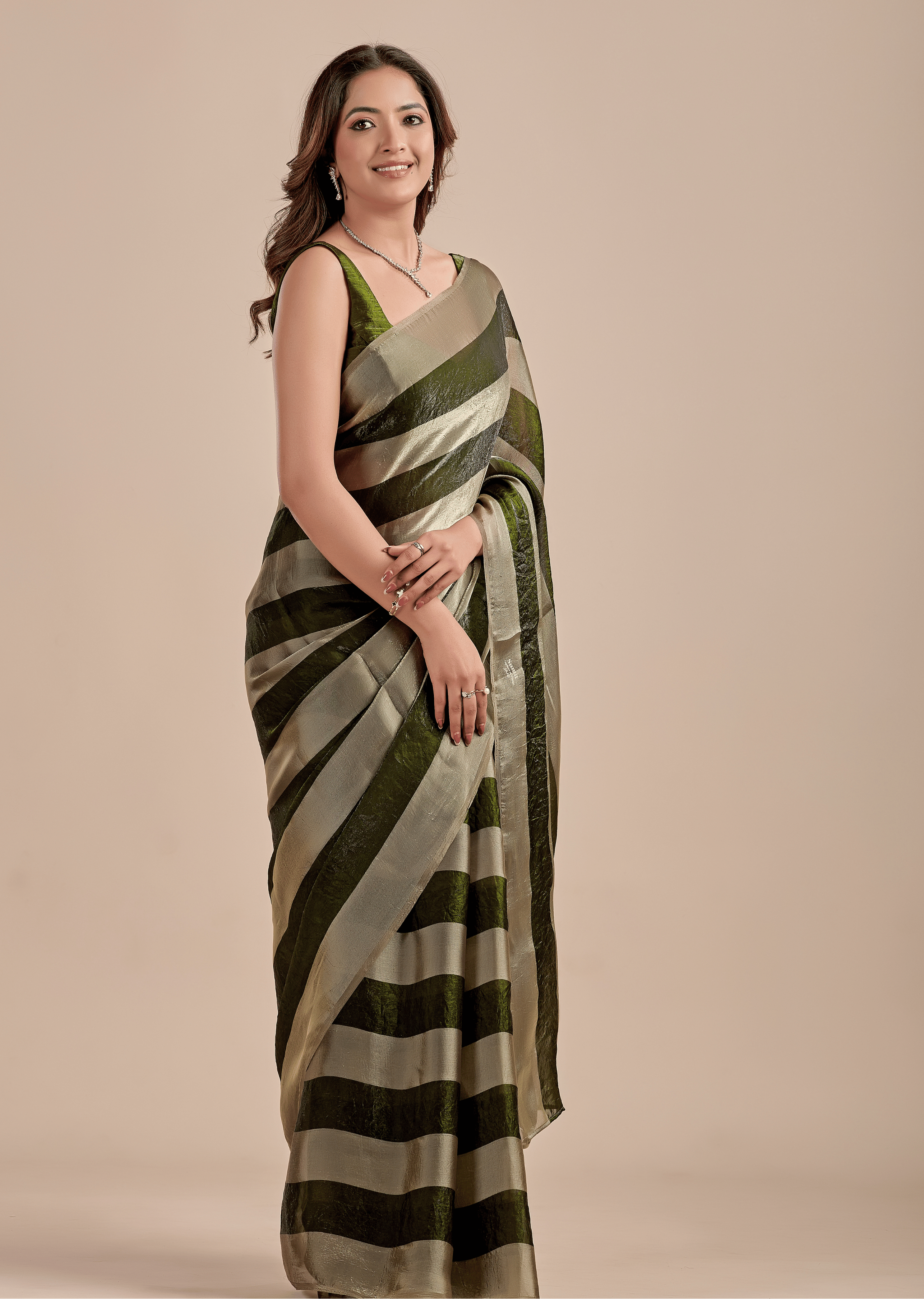 Olive Green Tissue Silk Saree With Metallic Stripe Weave