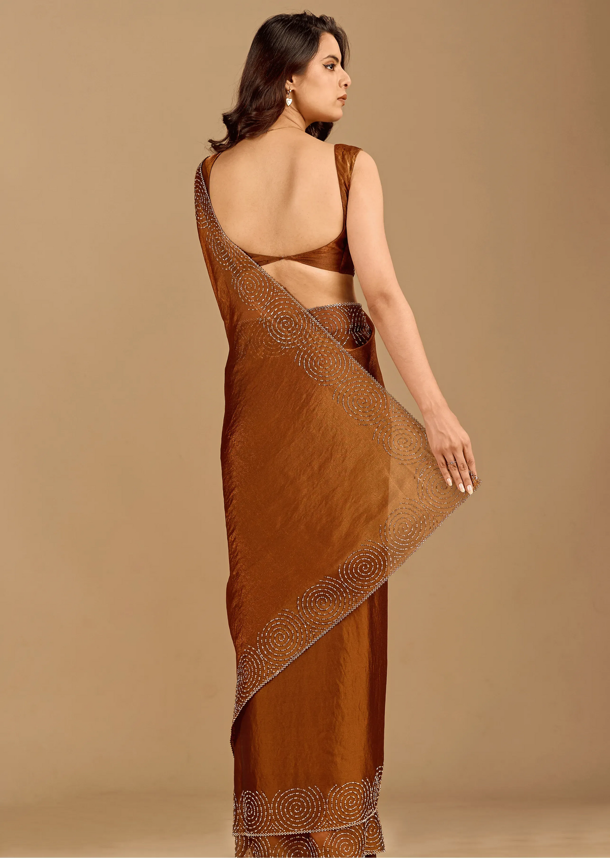 Antique Copper Tissue Silk Saree With Stone Spiral Border