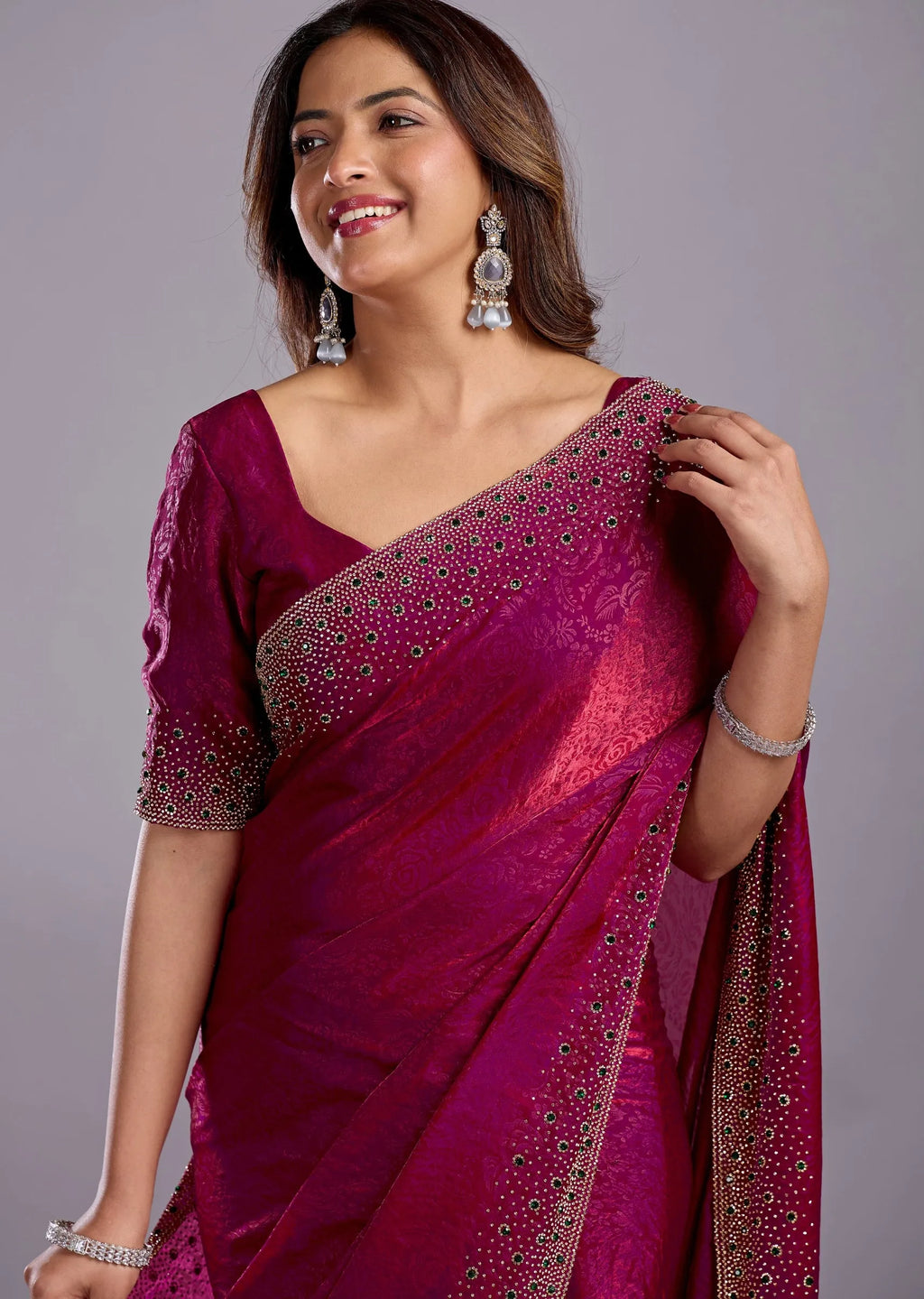 Rani Pink Tissue Silk Saree Side Pose - Wedding Wear Saree