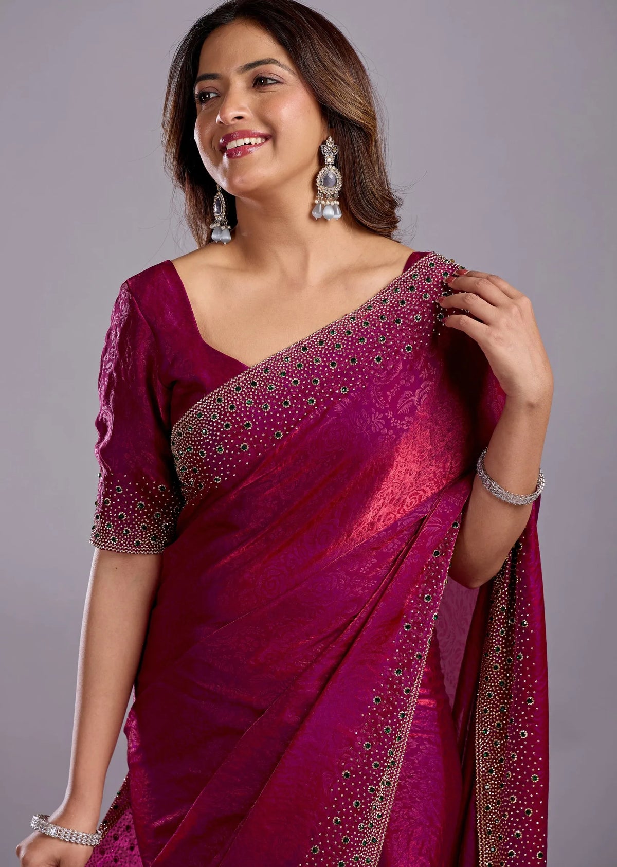 Rani Pink Tissue Silk Saree Side Pose - Wedding Wear Saree