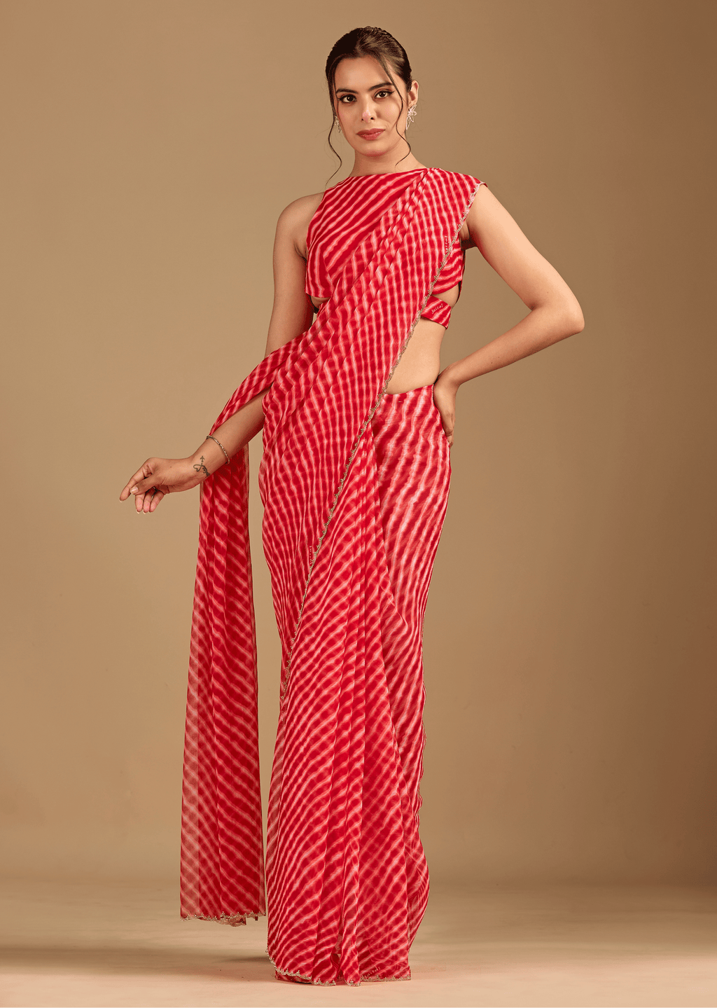 Coral Red Chiffon Saree With Stone Work