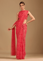 Coral Red Chiffon Saree With Stone Work