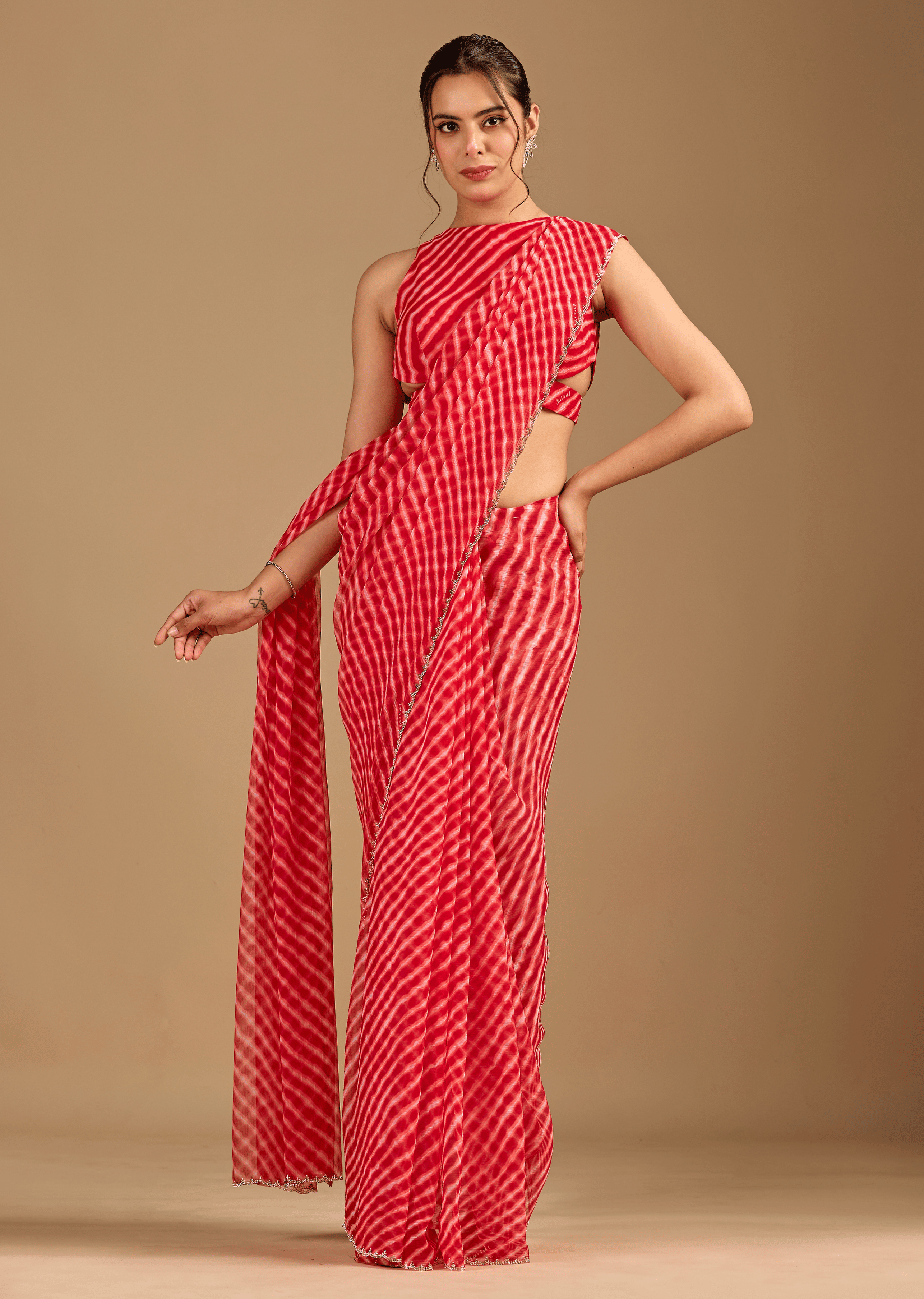 Coral Red Chiffon Saree With Stone Work
