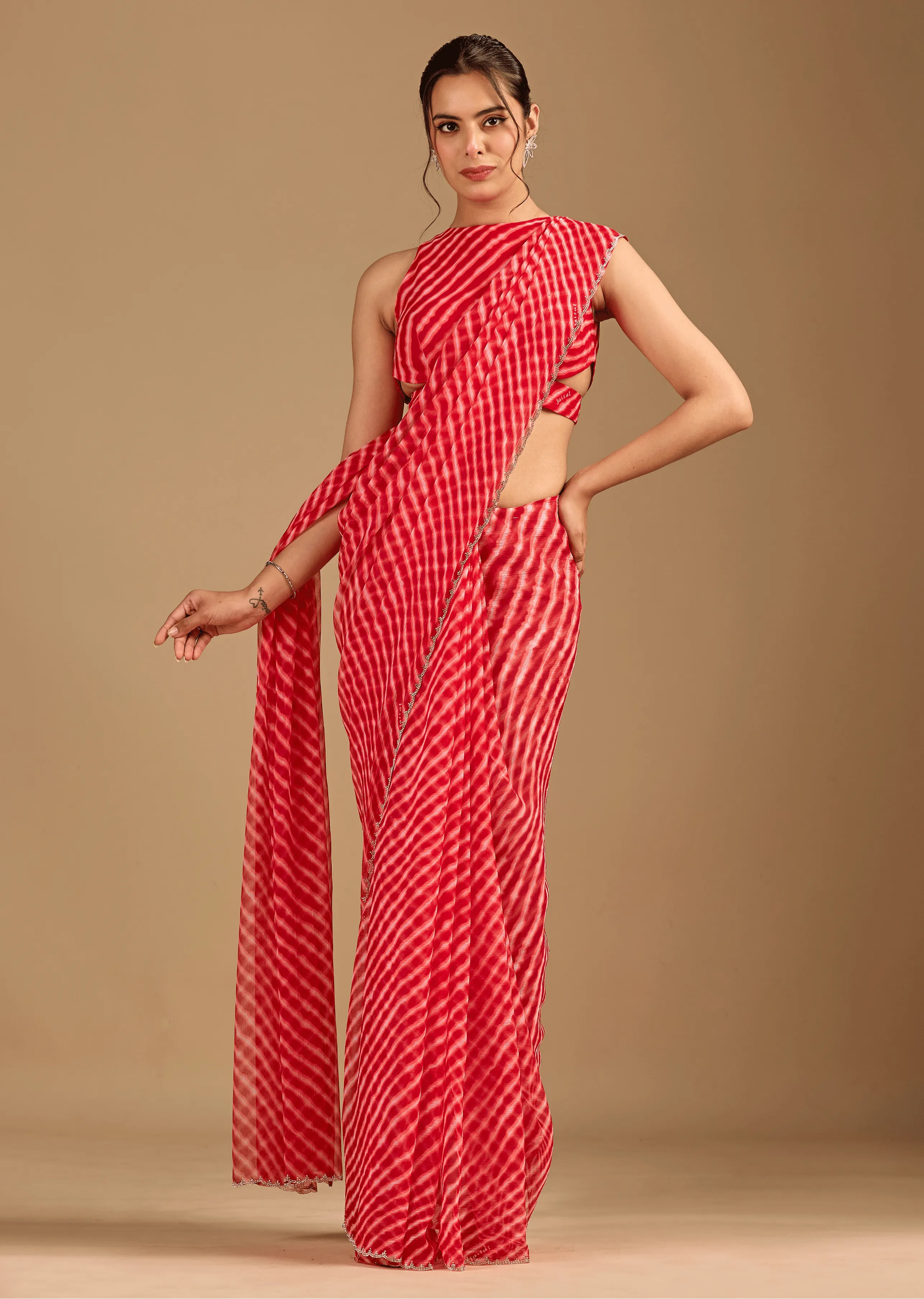 Coral Red Chiffon Saree Standing Look - Party Wear Saree
