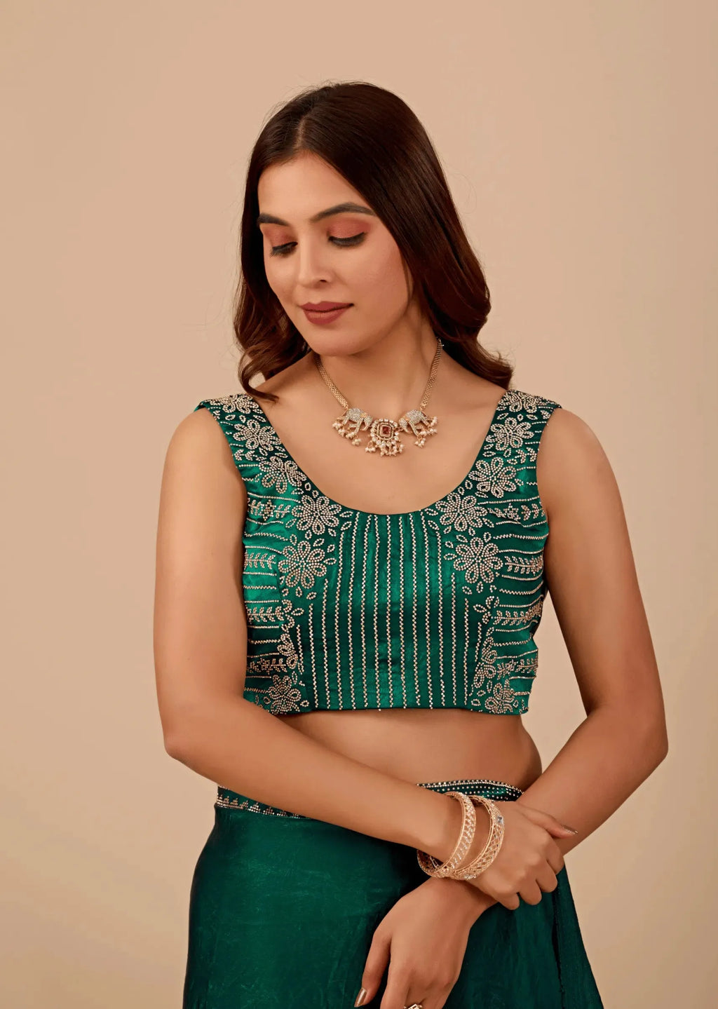 Emerald Teal Tissue Silk Saree With Crystal Border Work