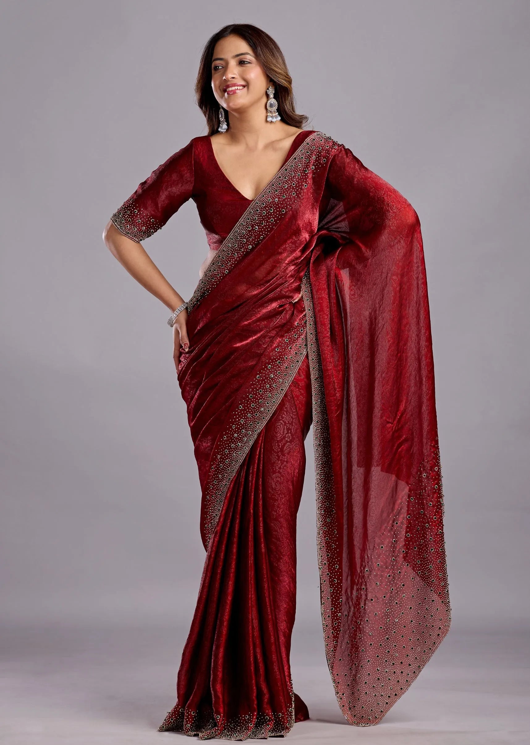 Maroon Tissue Silk Saree With Crystal Stone Work - Front Look | Buy On Ethnic9
