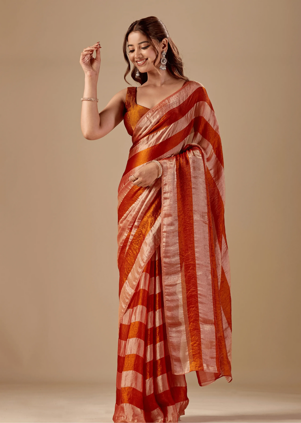 Copper Rust Tissue Silk Saree With Metallic Stripe Weave