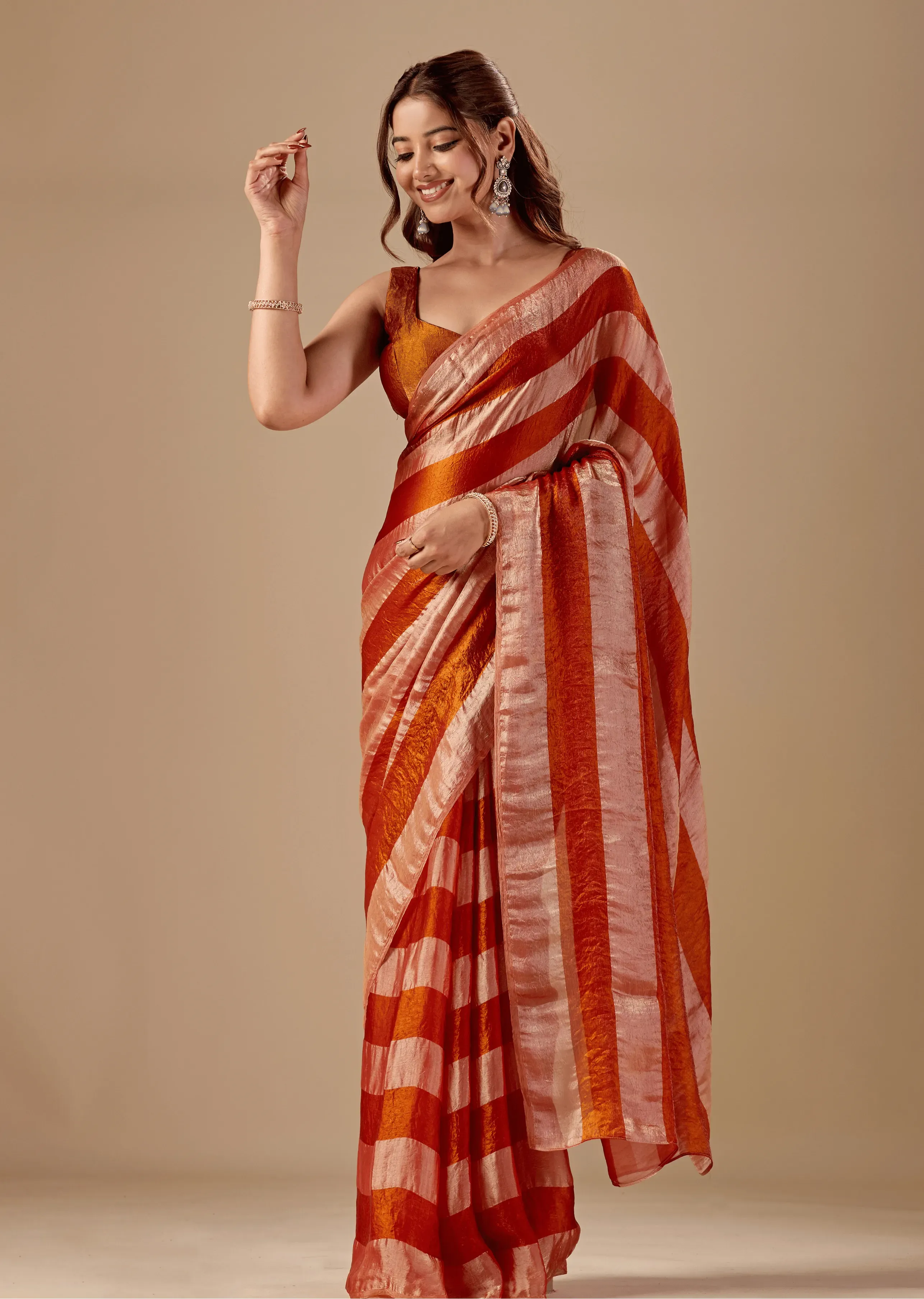 Copper Rust Tissue Silk Saree With Metallic Stripe Weave