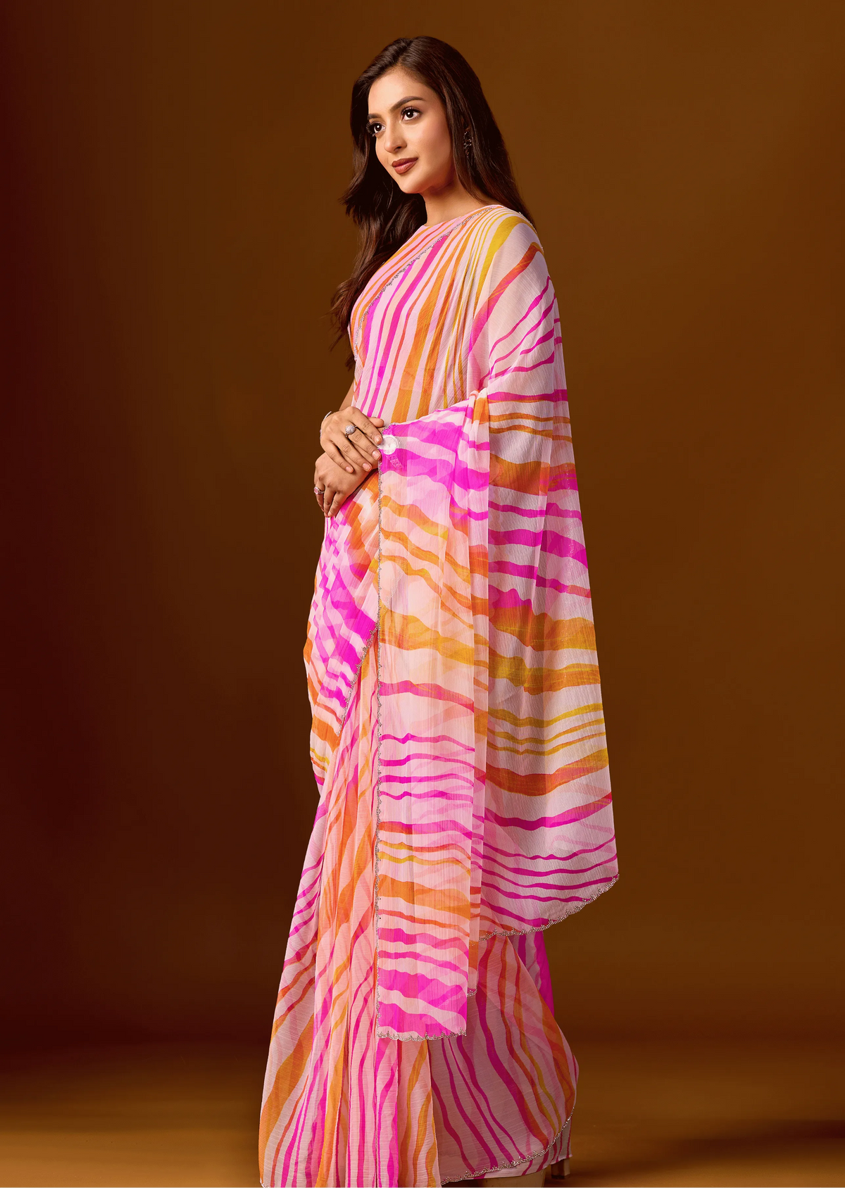 Pink Peach Chiffon Saree Side Pose - Festive Wear Saree