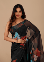 Black Soft Organza Saree With Floral Print