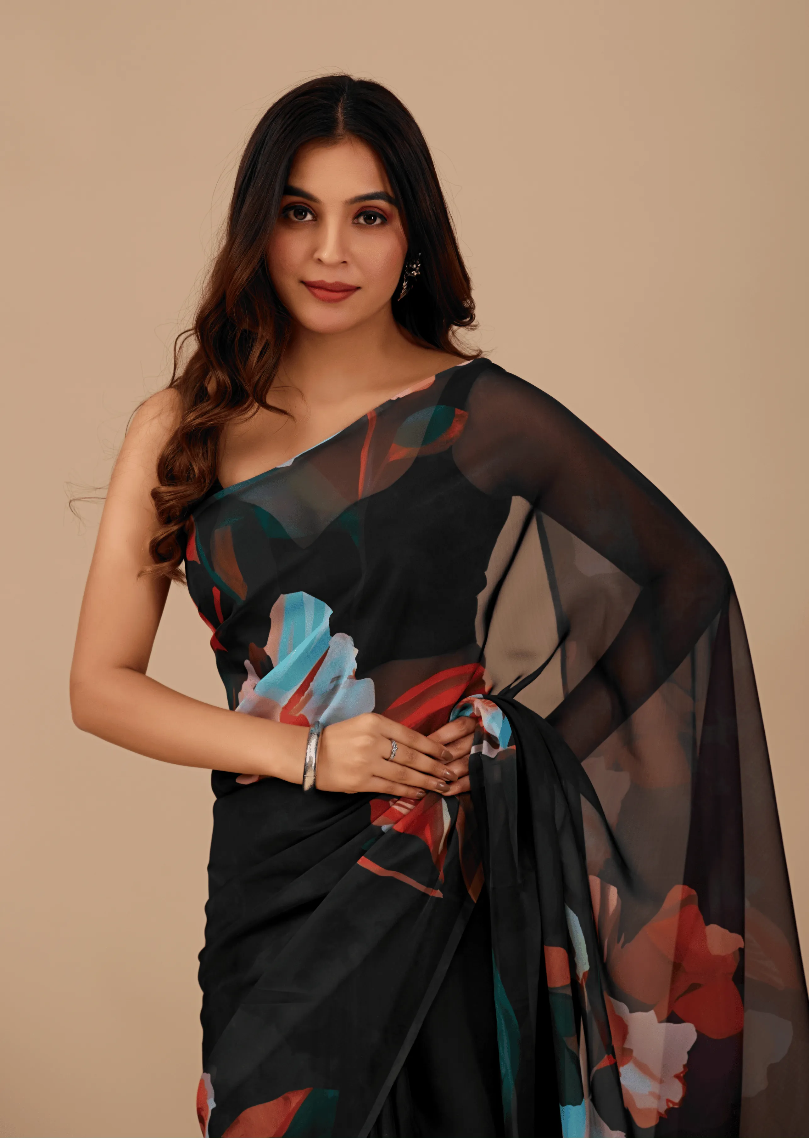 Black Soft Organza Saree Standing Look - Evening Wear Saree
