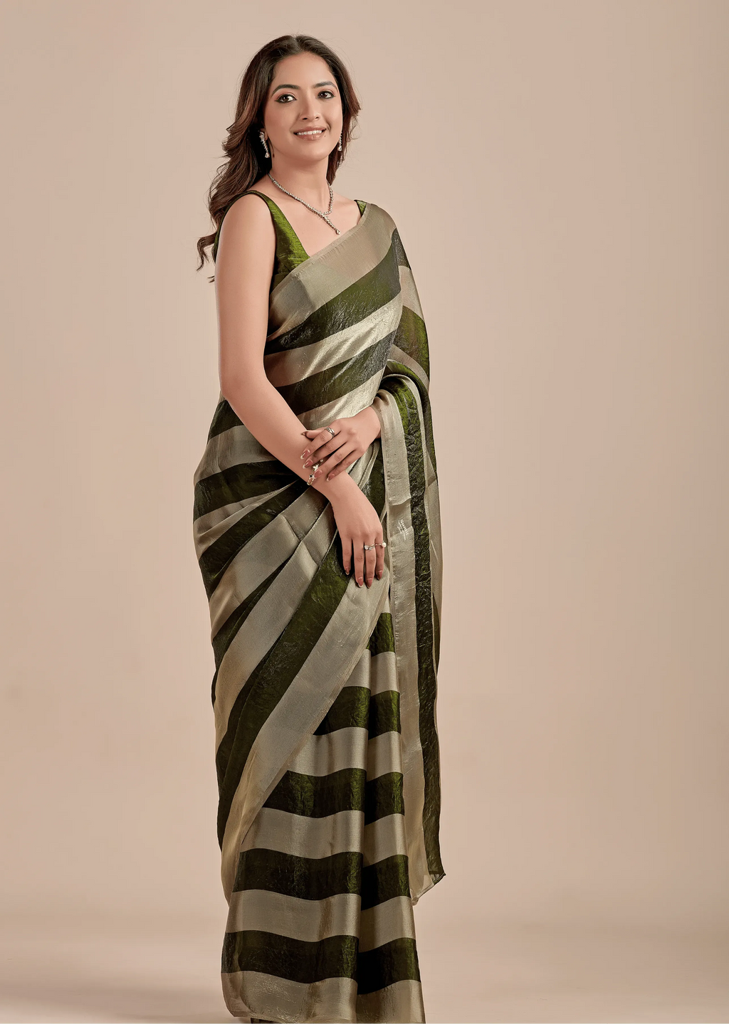 Olive Green Tissue Silk Saree With Metallic Stripe Weave