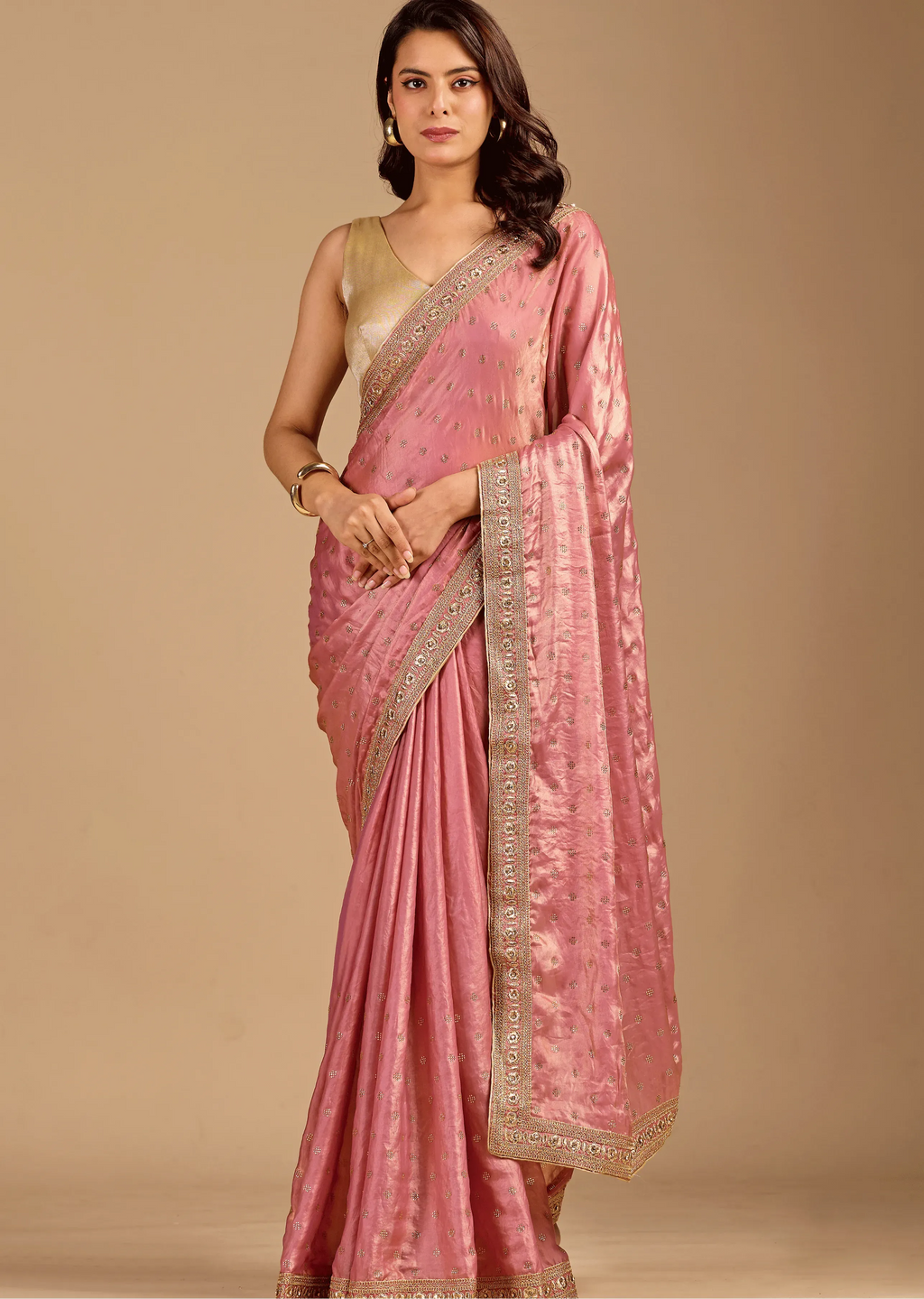 Rose Pink Tissue Silk Saree With Crystal Stone Border