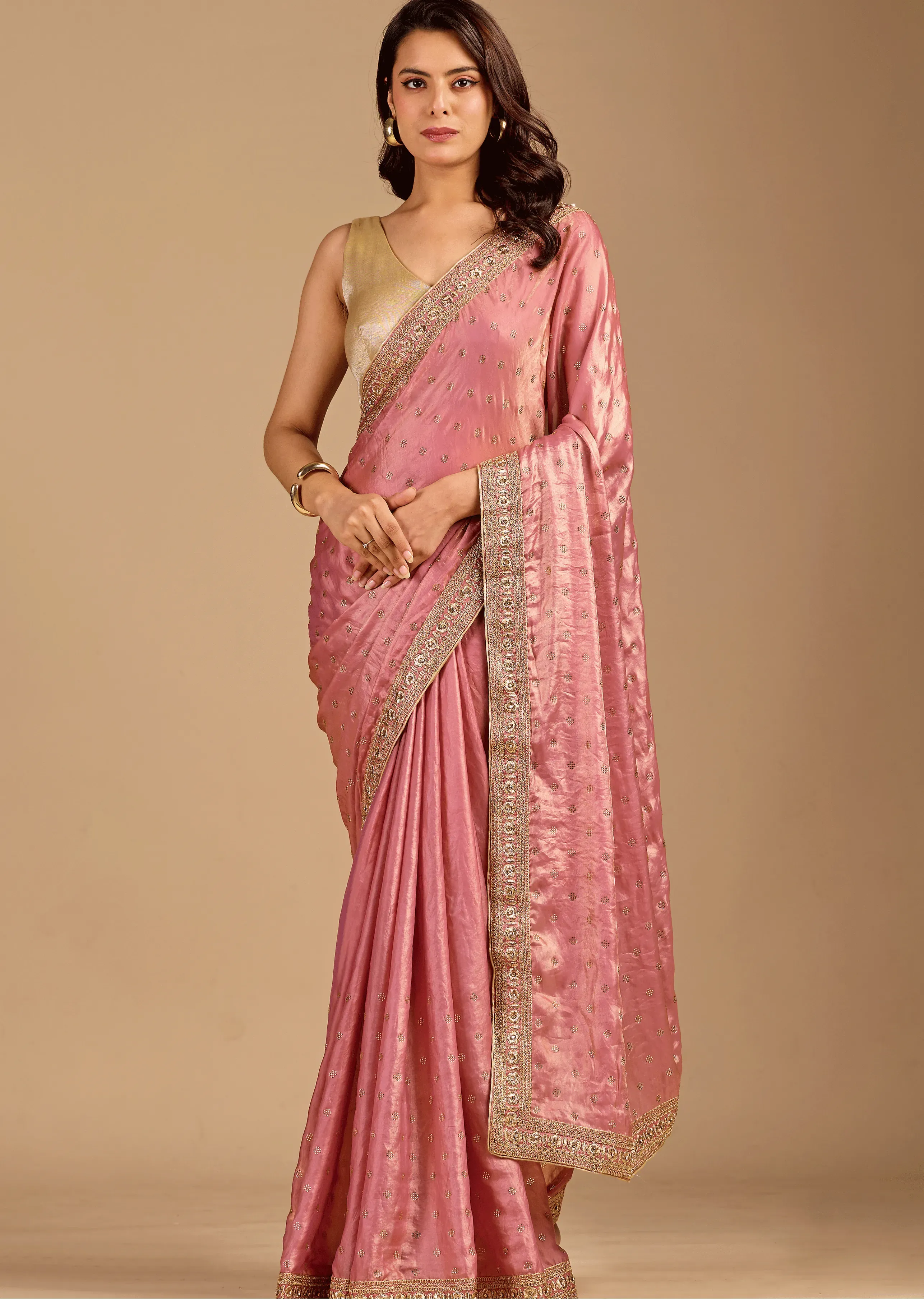 Rose Pink Tissue Silk Saree With Crystal Stone Border
