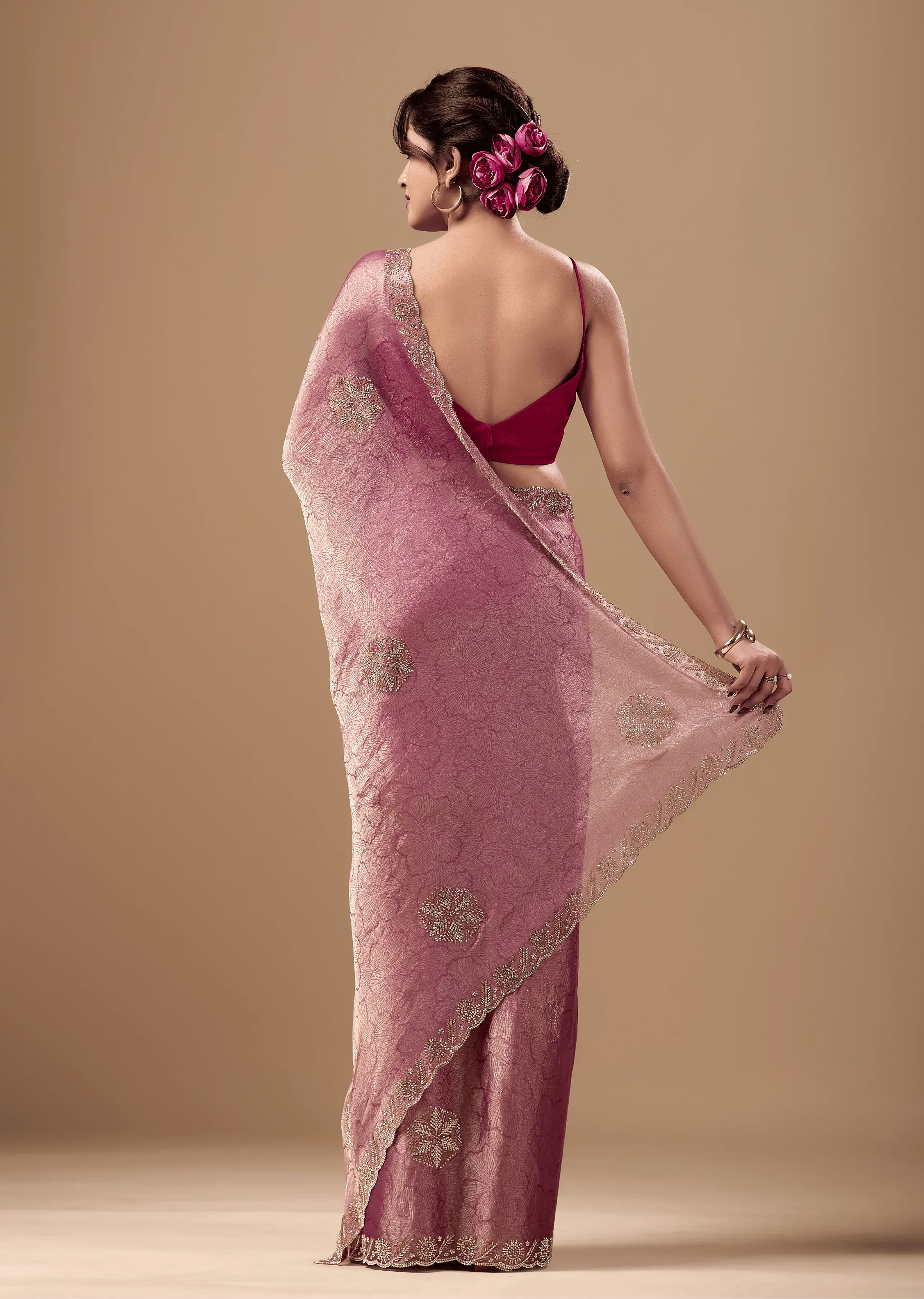Rose Pink Jacquard Saree With Handcrafted Stone Border