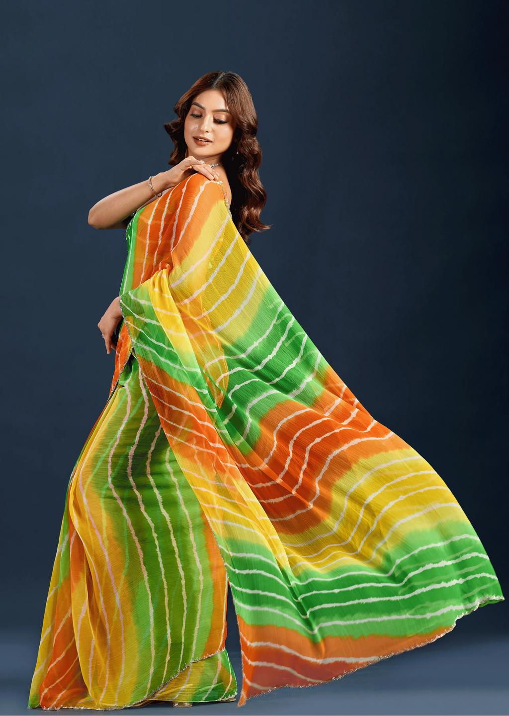 Multicolor Chiffon Saree Close Up Pose - Traditional Wear Saree