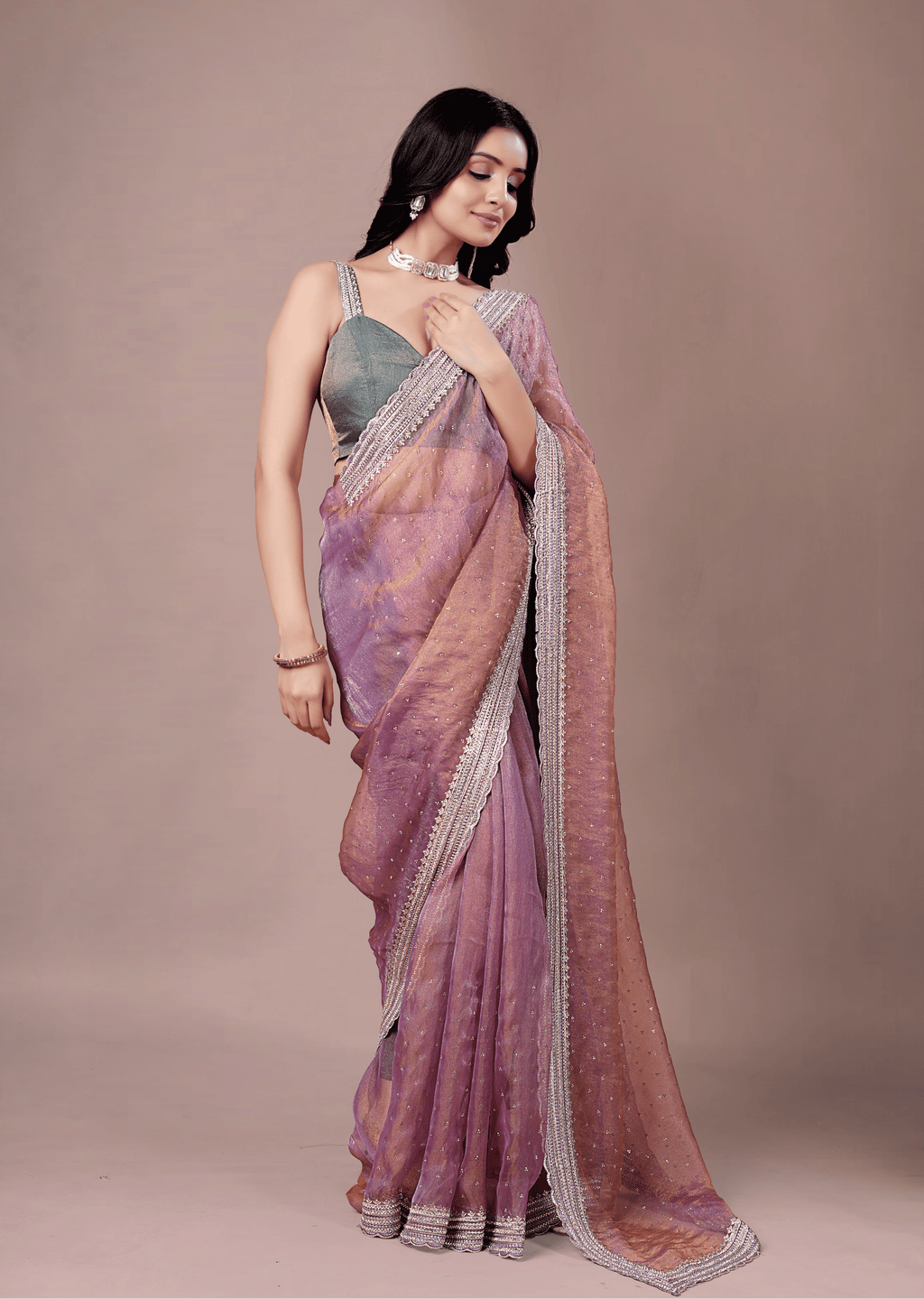 Lavender Purple Organza Saree With Stone Work