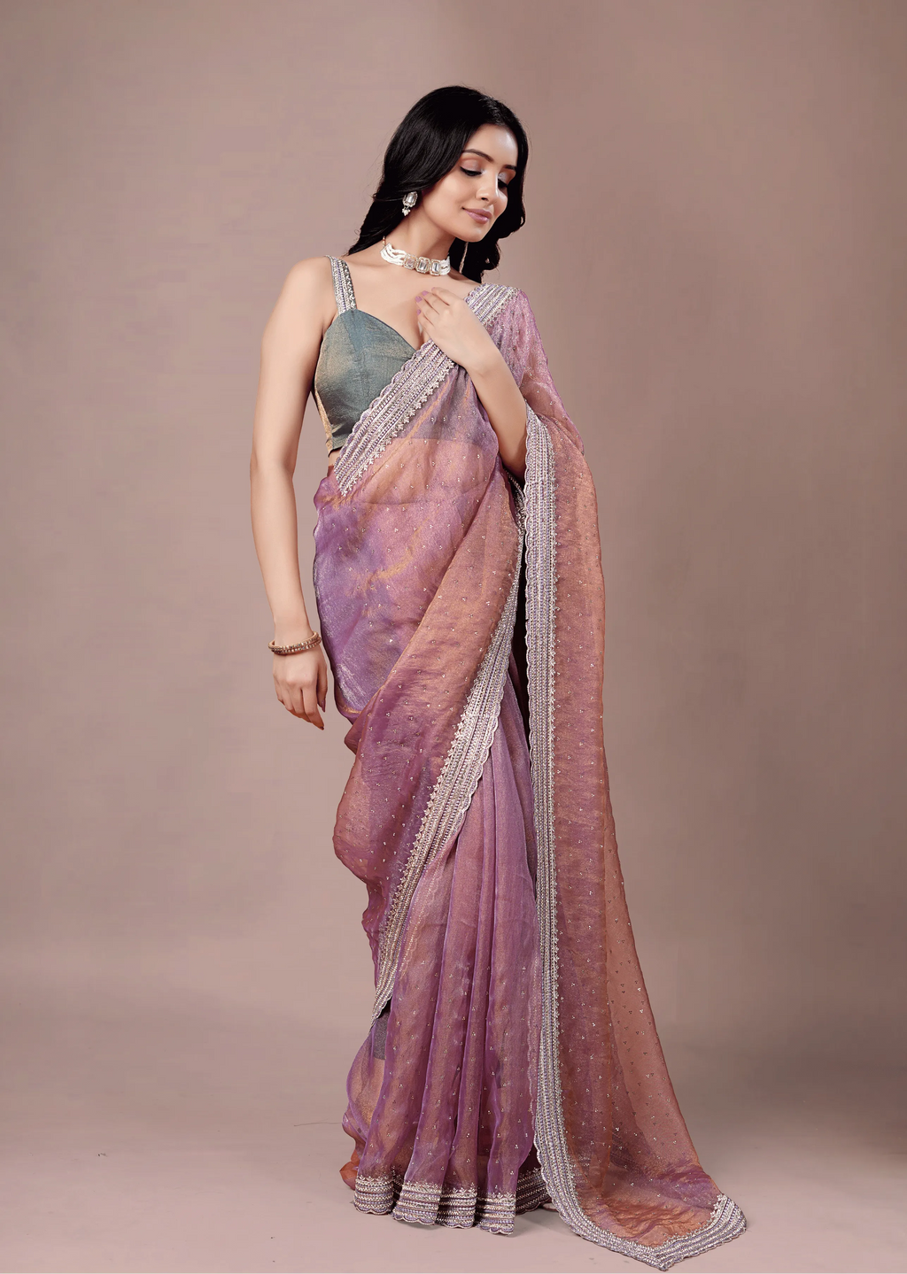 Lavender Purple Organza Saree Side Pose - Wedding Wear Saree