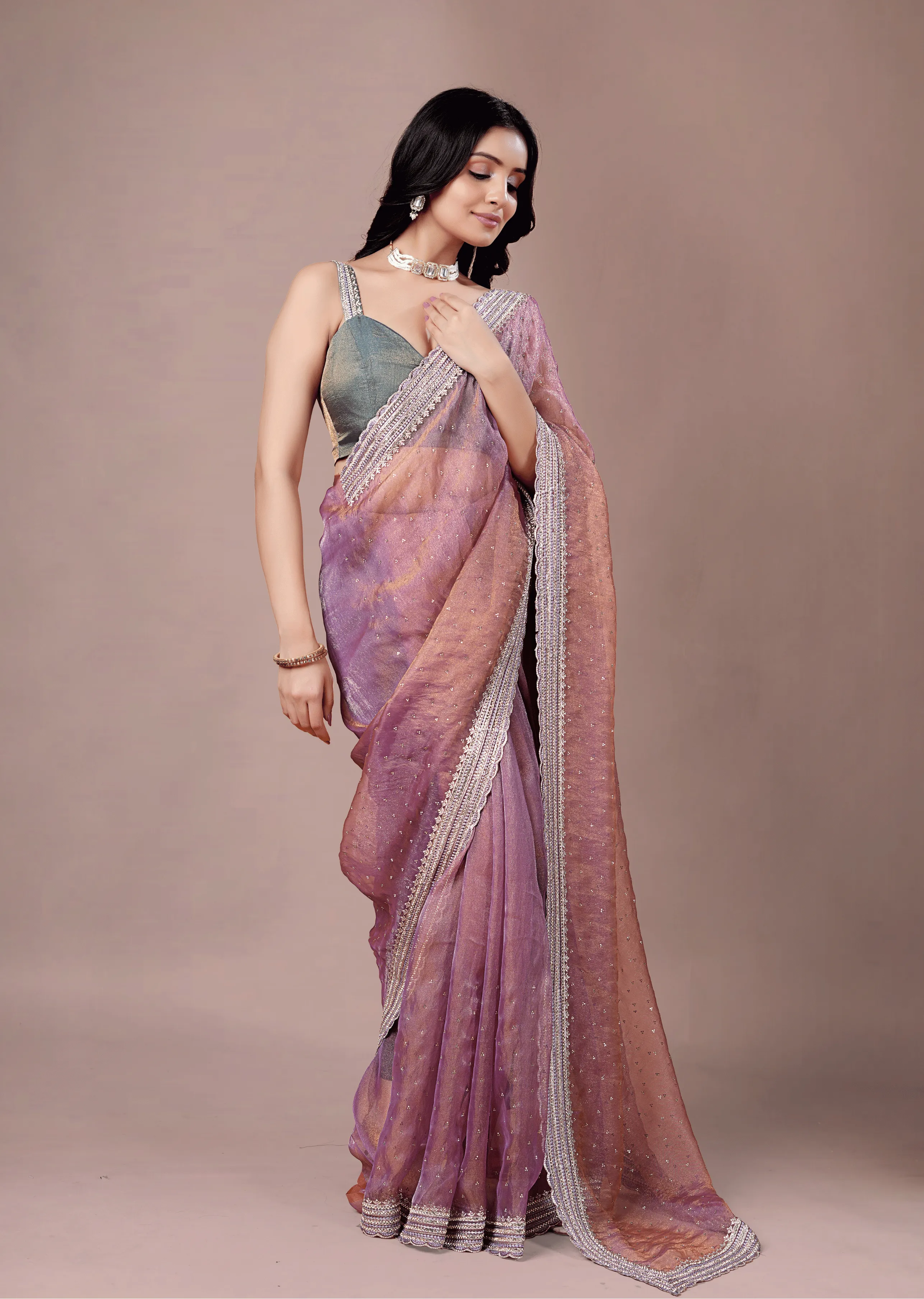 Lavender Purple Organza Saree Side Pose - Wedding Wear Saree