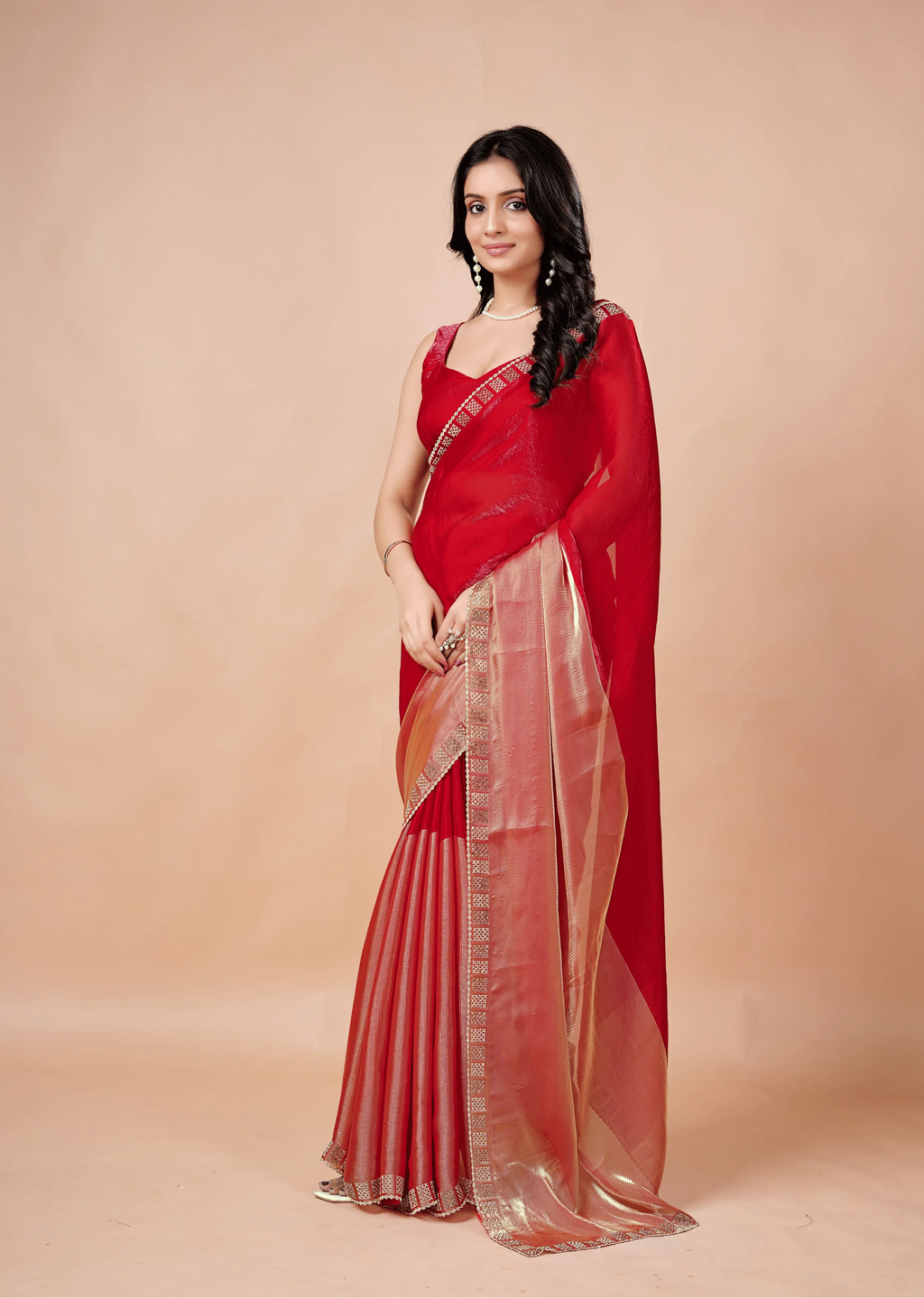 Red Tissue Silk Saree Side Pose - Festive Wear Saree