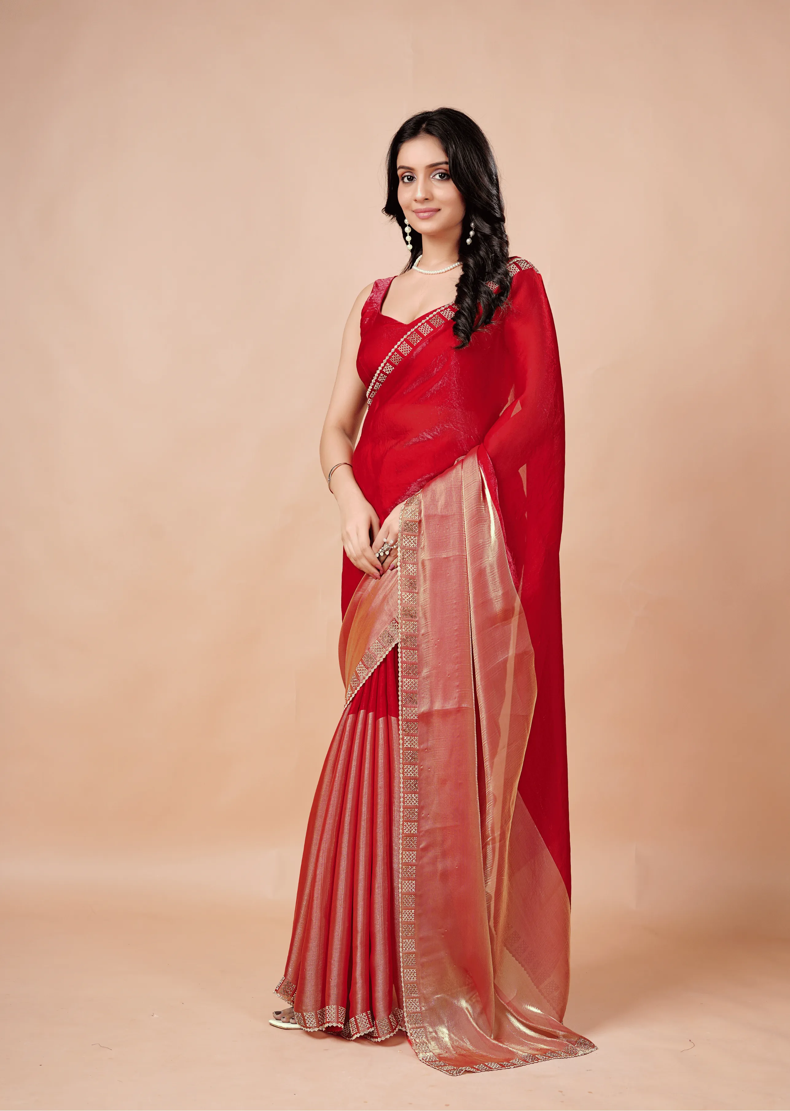 Red Tissue Silk Saree Side Pose - Festive Wear Saree