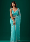 Sky Blue Chiffon Saree With Floral Embroidery