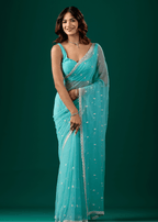 Sky Blue Chiffon Saree With Floral Embroidery
