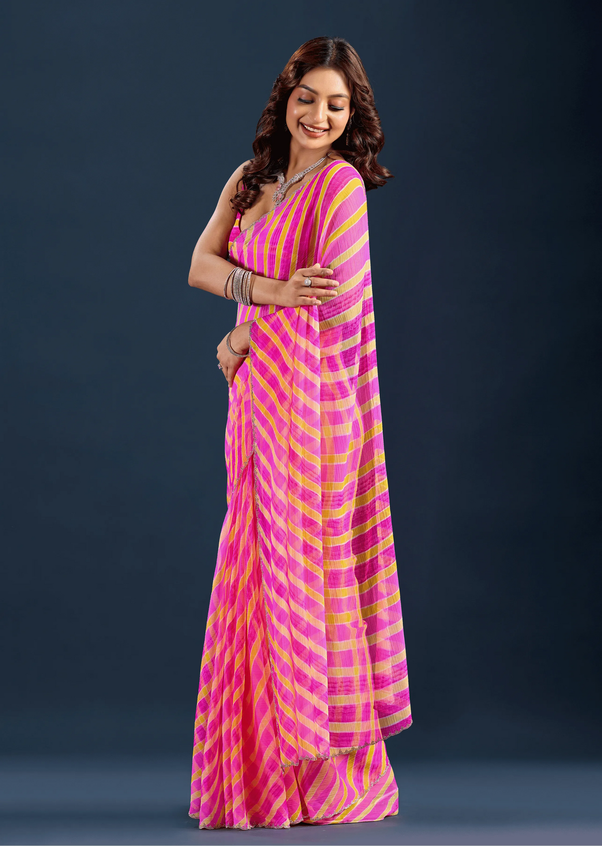 Rani Pink Chiffon Saree Side Pose - Striped Print Design