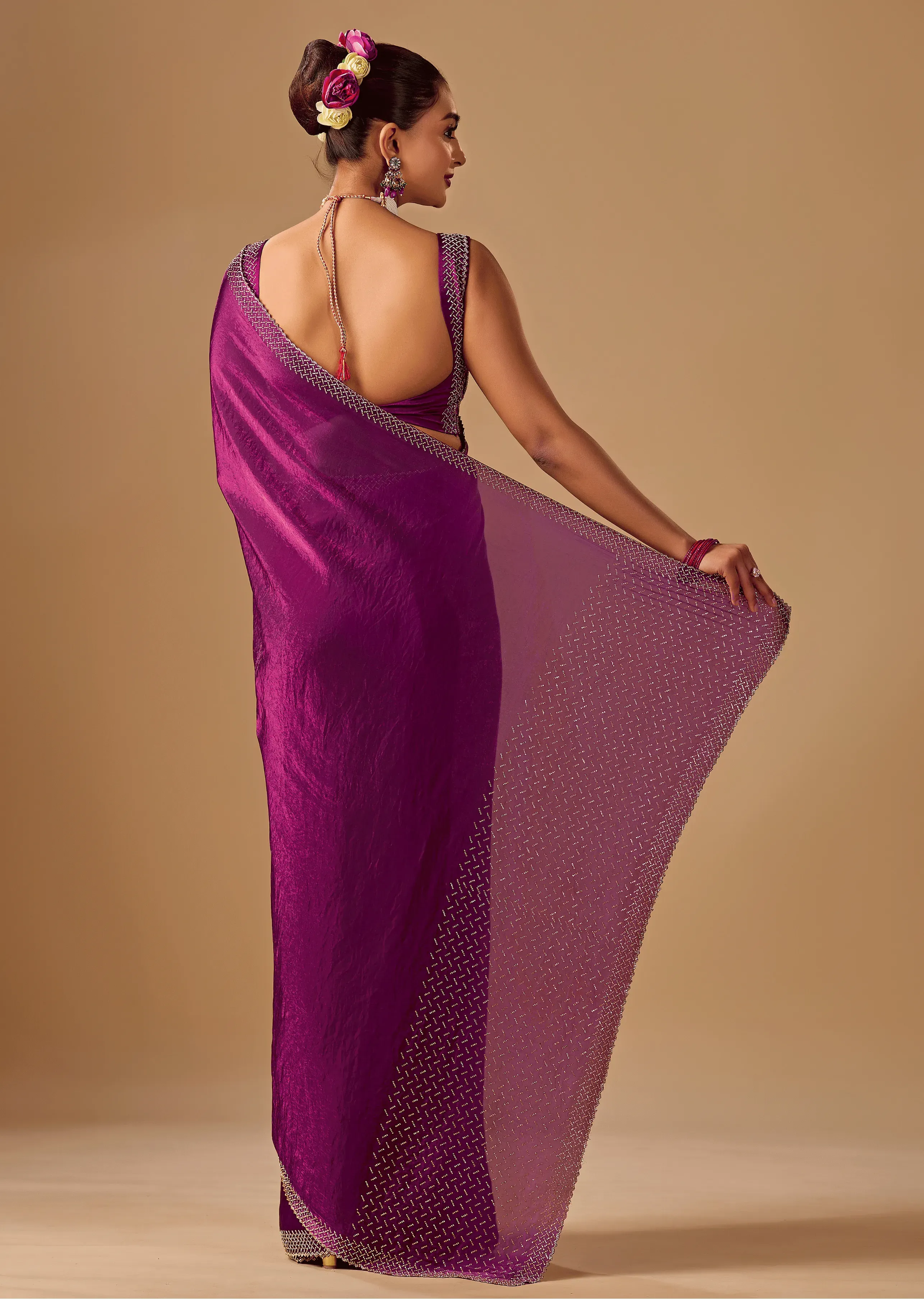 Magenta Purple Tissue Silk Saree With Crystal Stone Border