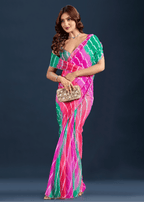 Rani Pink Chiffon Saree With Leheriya Print