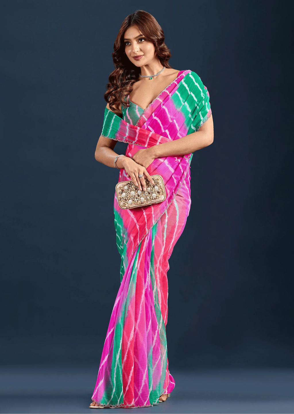 Rani Pink Chiffon Saree Pallu Detail - Stone Embellished Border