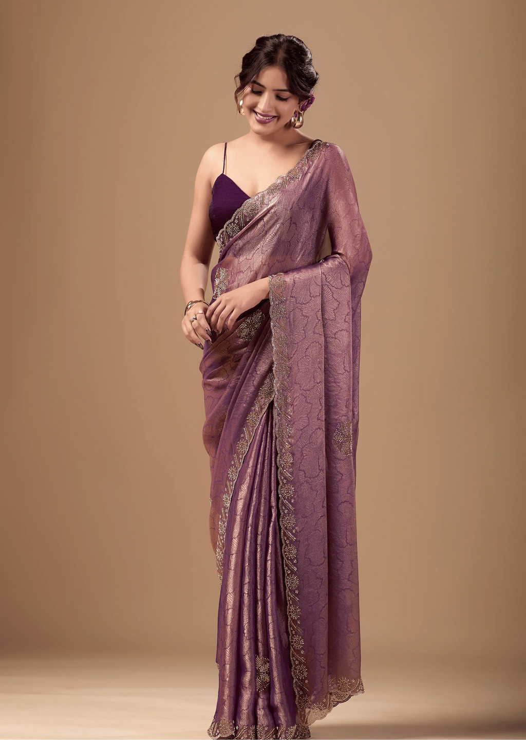Lavender Mauve Jacquard Saree With Zarkan Stone Border