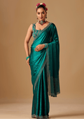 Emerald Green Tissue Silk Saree With Crystal Stone Border